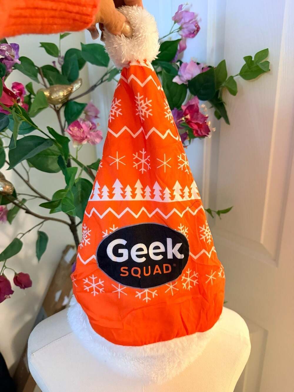 Geek Squad Holiday Santa Hat Orange White Snowflake Nordic Pre-Owned